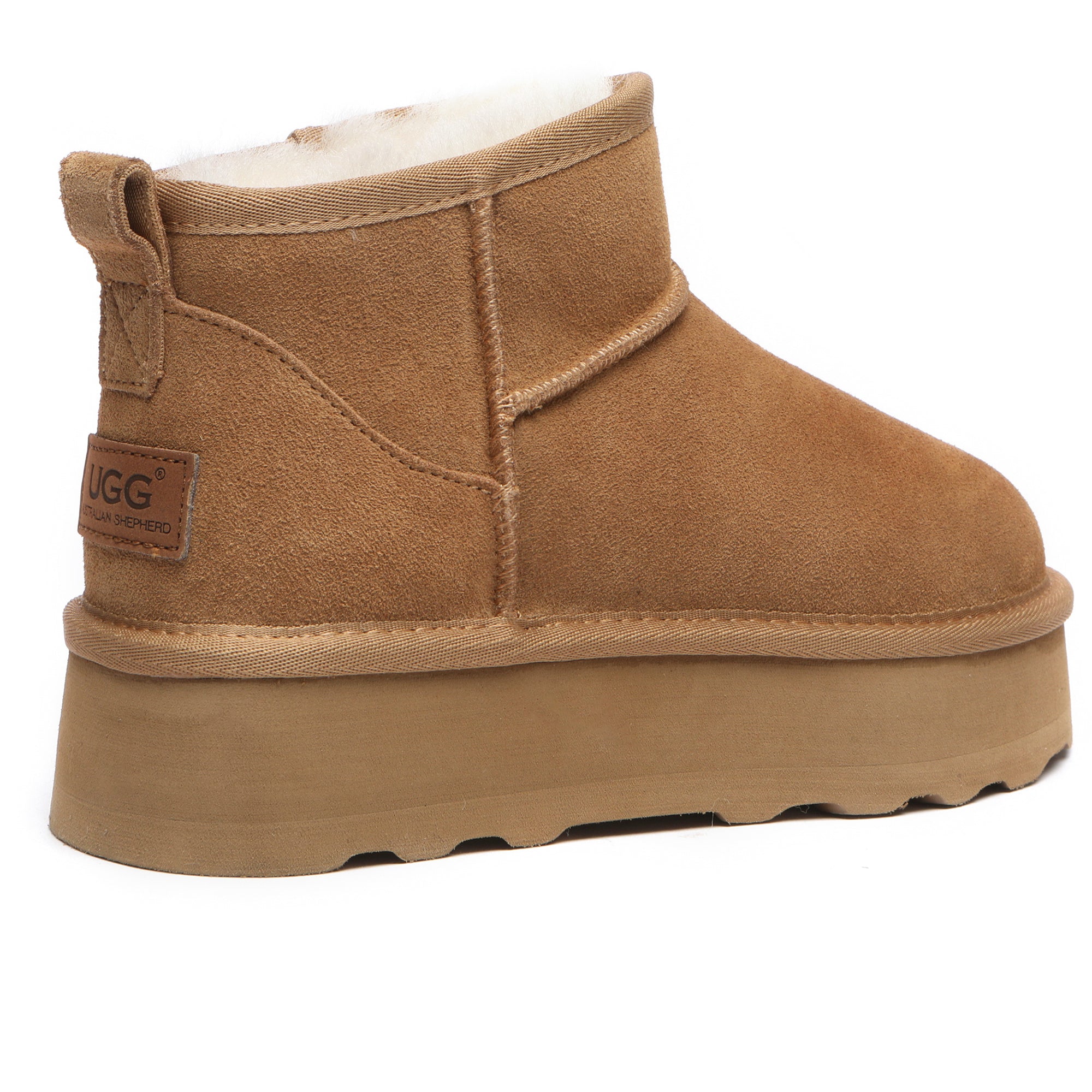 EverUgg Premium Platform Mini UGG Boots in chestnut color, showing cozy sheepskin lining and stylish platform sole.