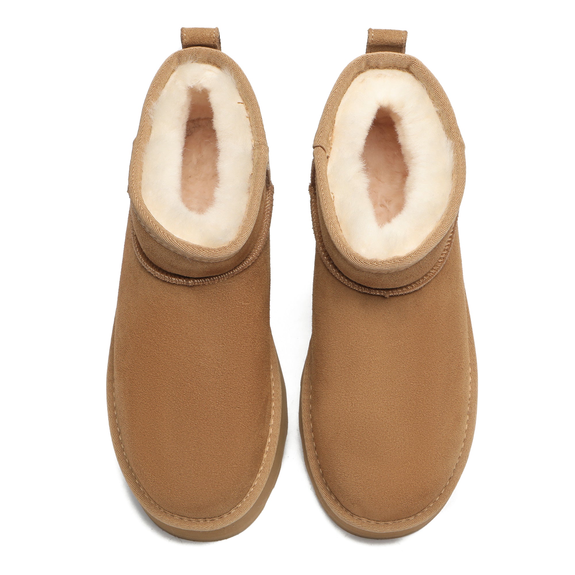 Close-up of EverUgg Premium Platform Mini UGG Boots showing the soft suede material and cozy sheepskin lining.