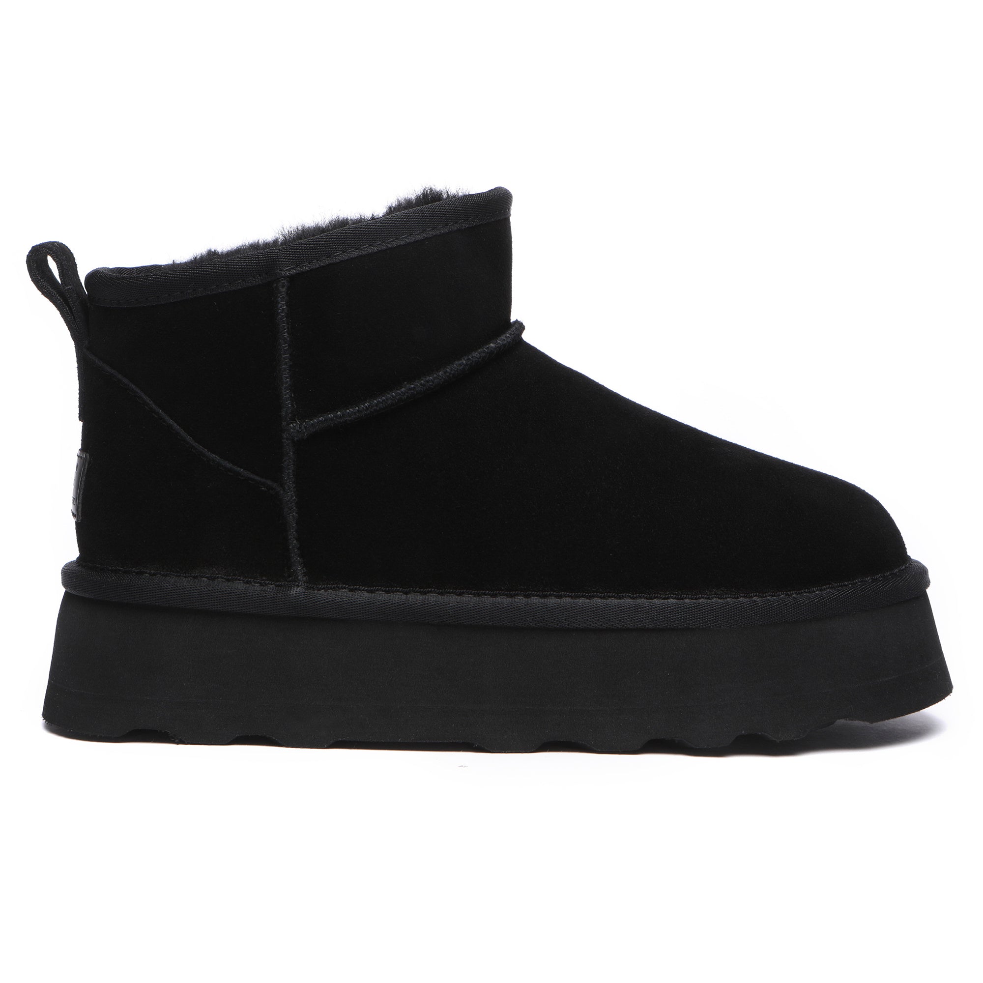 Black Premium Platform Mini UGG Boots by EverUgg featuring a cozy design and durable rubber sole.