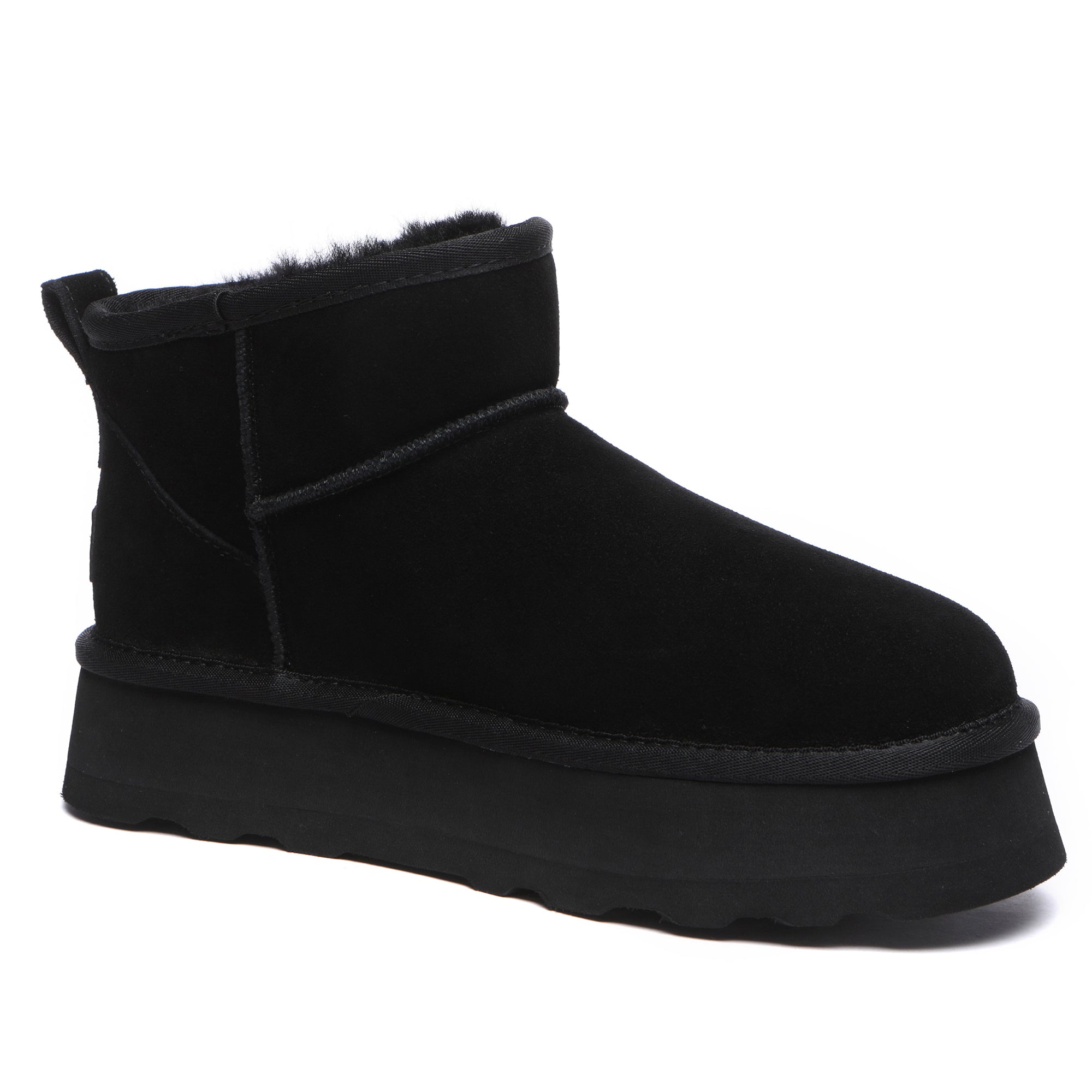 Black EverUgg Premium Platform Mini UGG Boots with cozy fur lining and sturdy sole, stylish and comfortable for winter wear.
