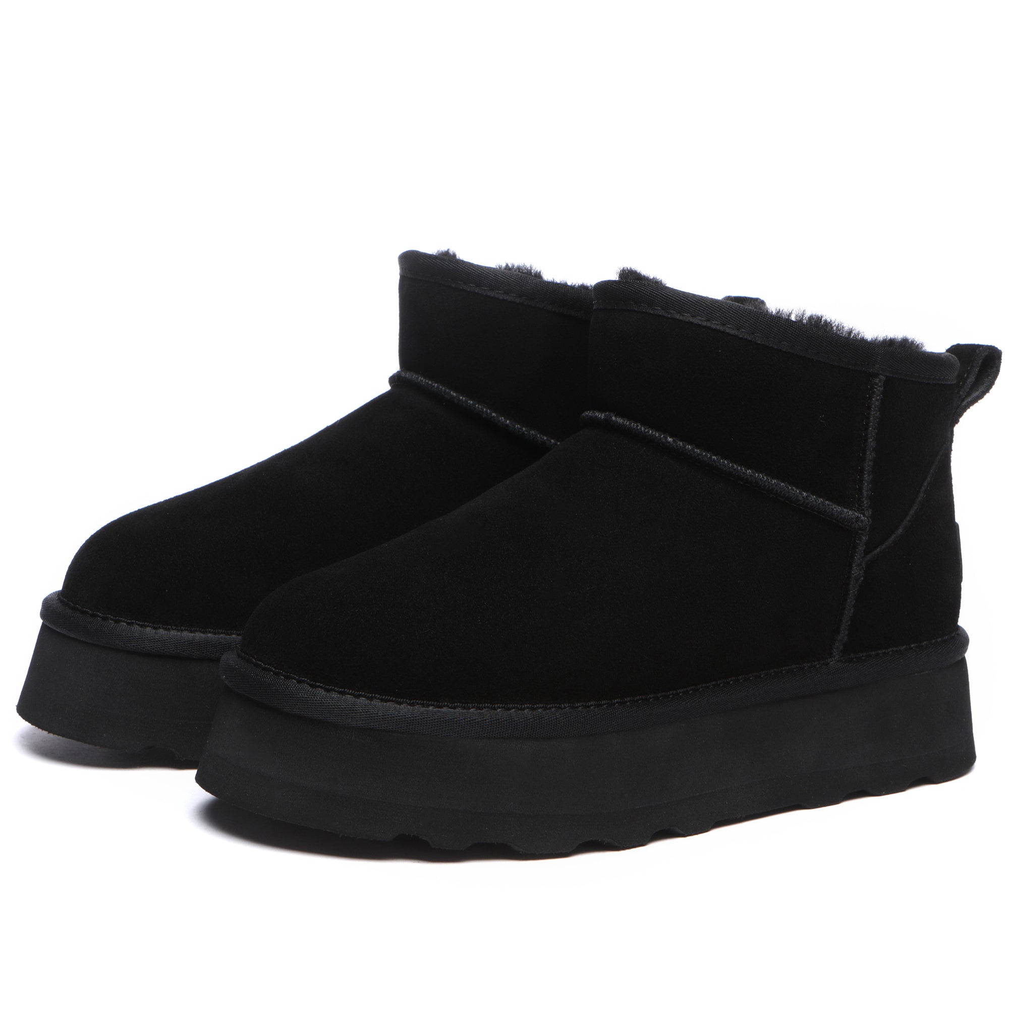 Black EverUgg Premium Platform Mini UGG Boots with thick soles and cozy shearling lining, stylish and comfortable for winter wear.
