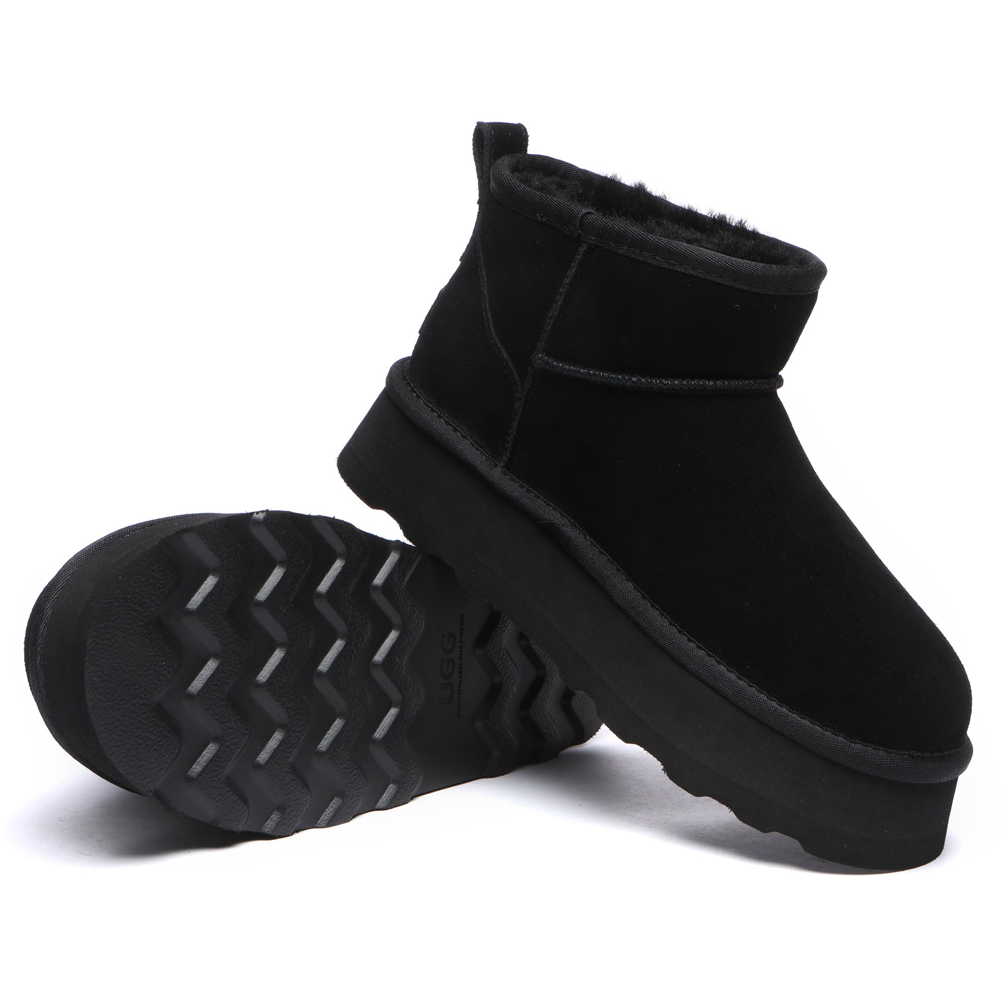 Black EverUgg Premium Platform Mini UGG Boots with cozy fur lining and sturdy soles, stylish for cold weather wear.