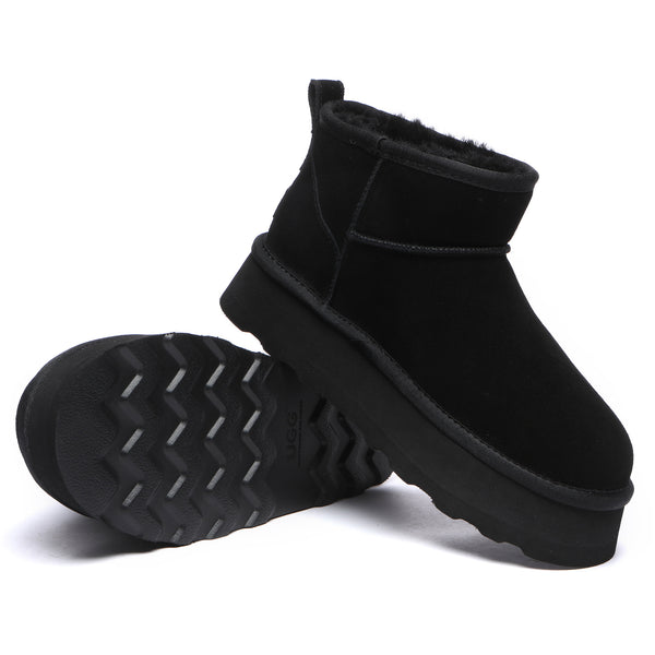 Black EverUgg Premium Platform Mini UGG Boots with cozy fur lining and sturdy soles, stylish for cold weather wear.
