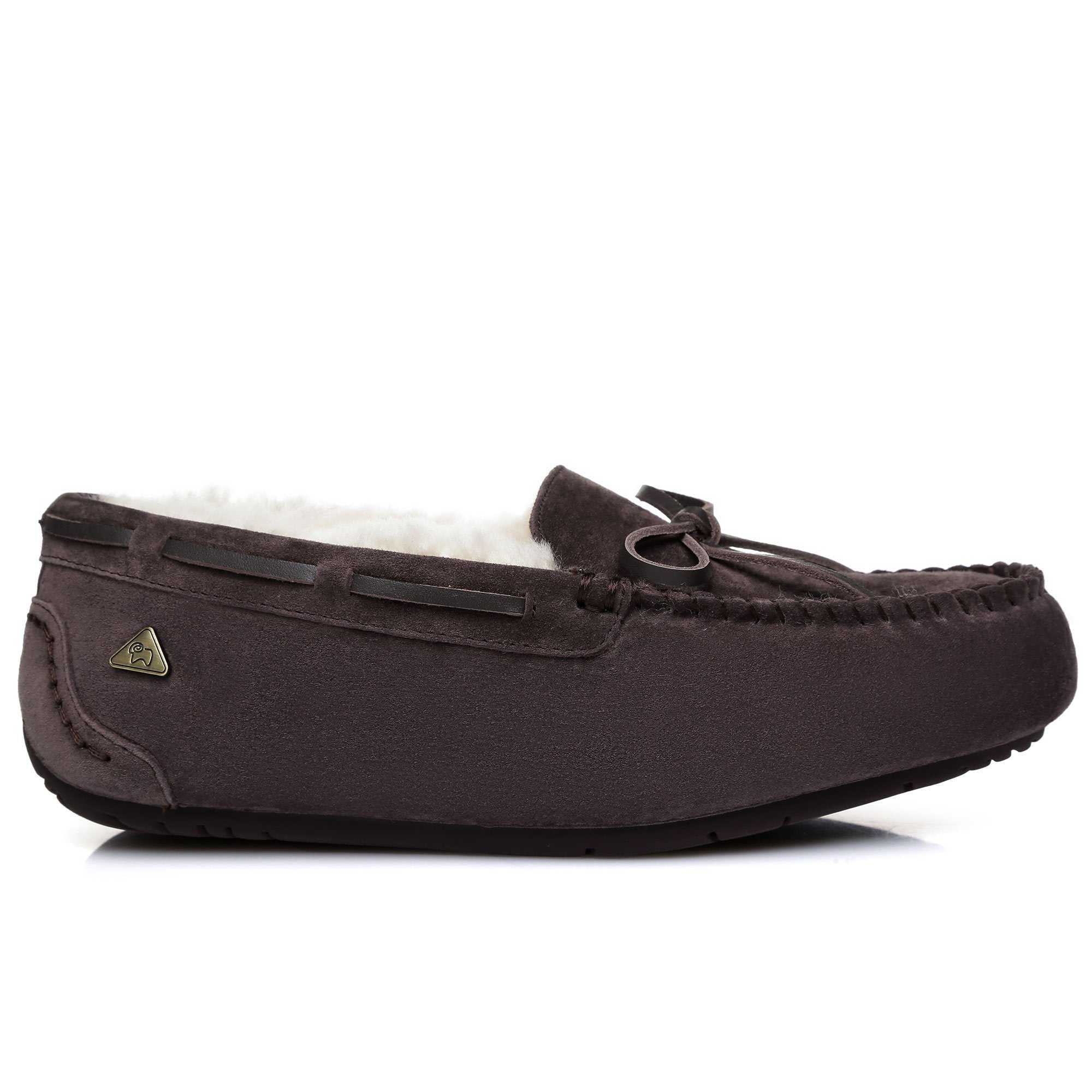 EverUgg moccasin shoe with premium sheepskin insole, chocolate brown loafer for women and men, comfortable and stylish footwear.