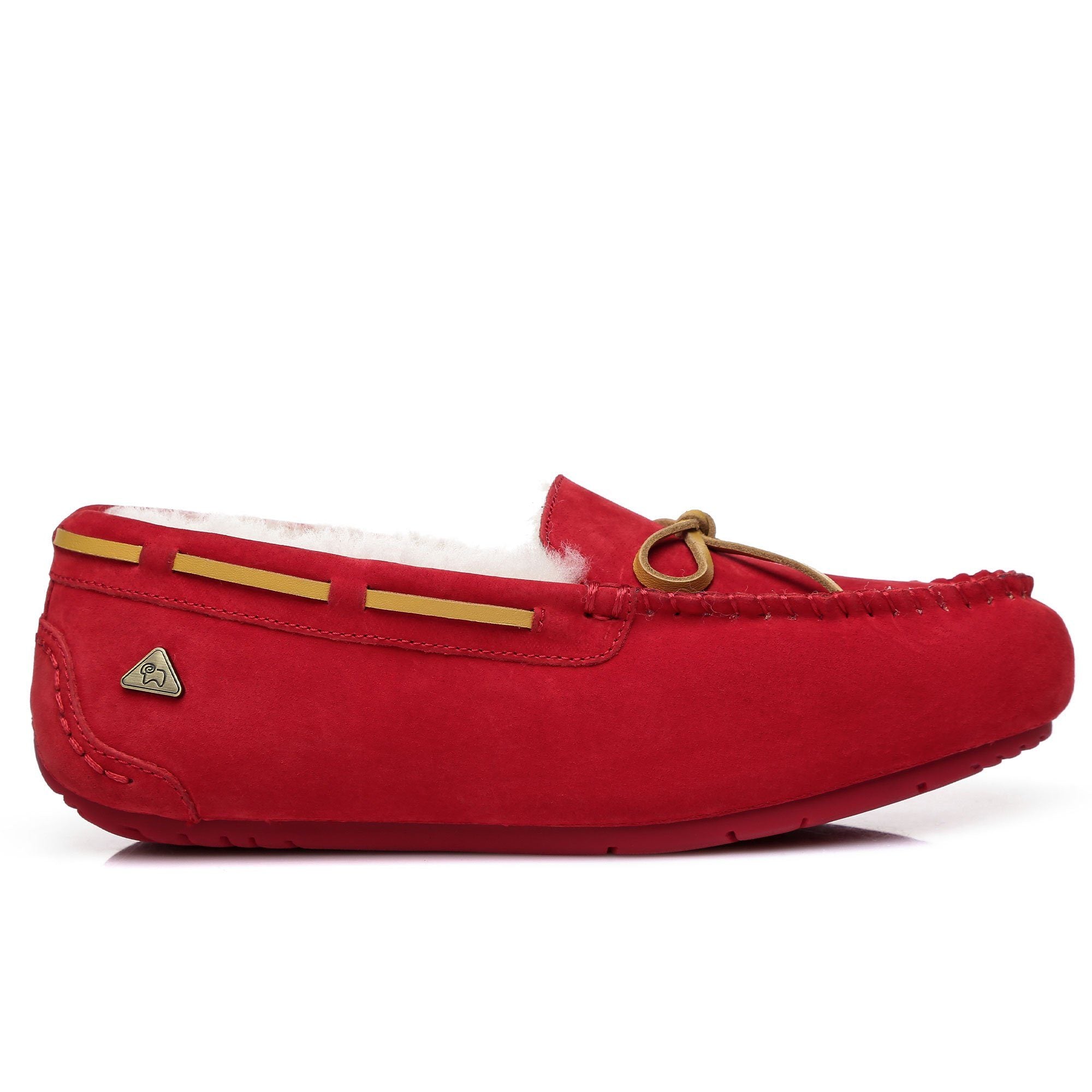 EverUgg moccasin with plush sheepskin insole, red leather shoes for women and men, stylish and comfortable footwear.