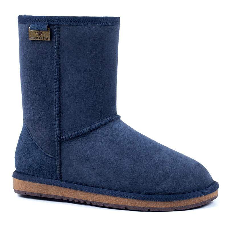 Navy premium short classic UGG boots by Auzland, women’s and men’s shoes, showing the cozy, suede exterior and plush interior.