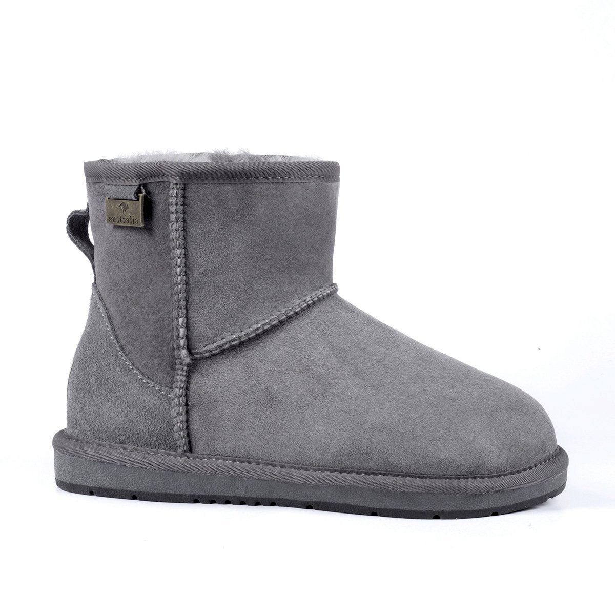 Grey Auzland Premium Suede Mini Classic UGG Boots for women, showcasing cozy ankle-height design and soft suede texture.