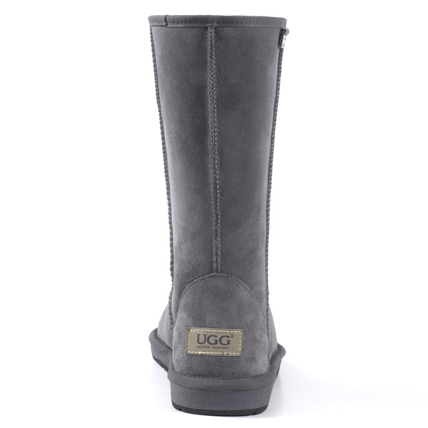 Auzland premium tall classic UGG boots in grey, knee-high leather shoes for women with plush lining and rugged sole.