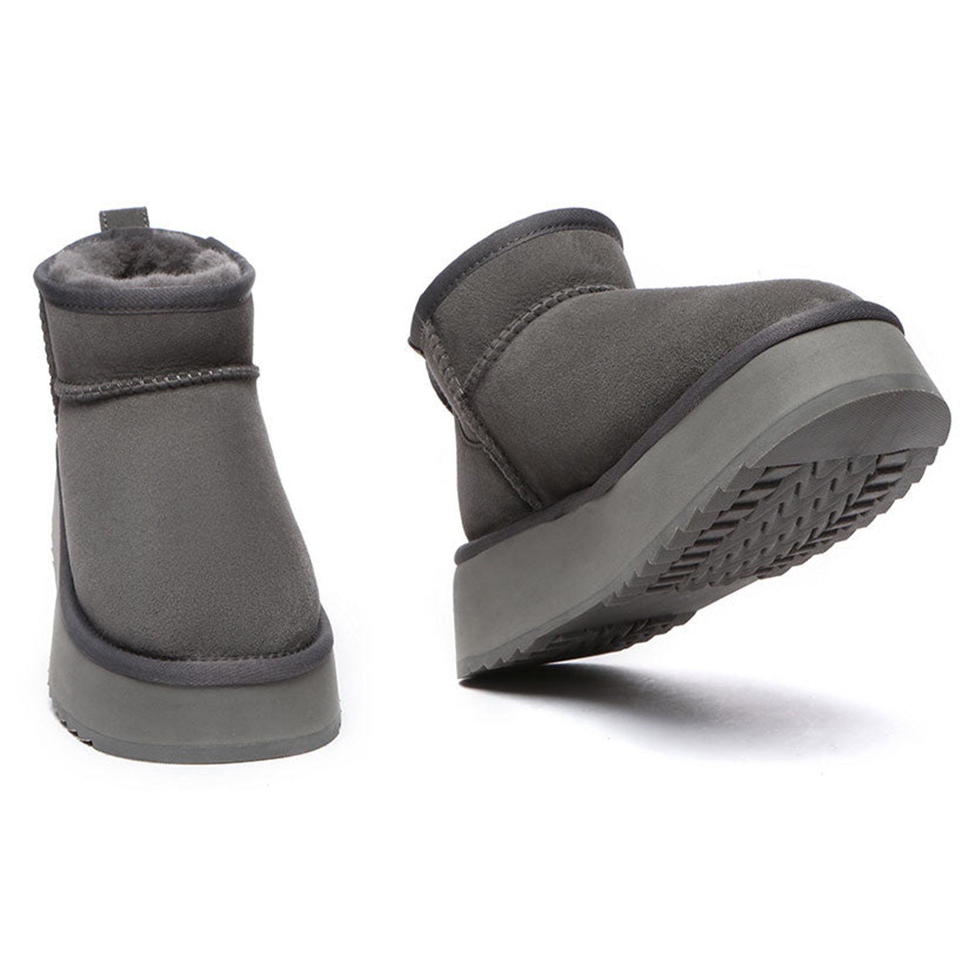 EverUgg Premium Ultra Mini Platform UGG Boots, beige sheepskin-lined ankle boots with chunky soles and minimalist design.