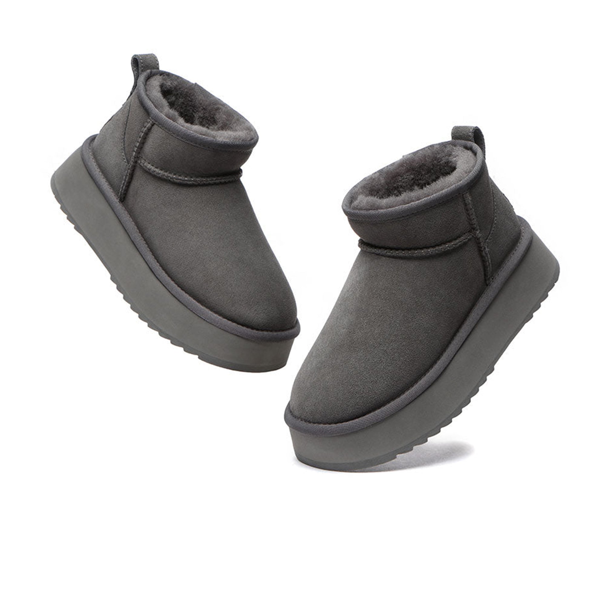 EverUgg premium ultra mini platform UGG boots in neutral color, showcasing the stylish ankle-length design and textured sole.