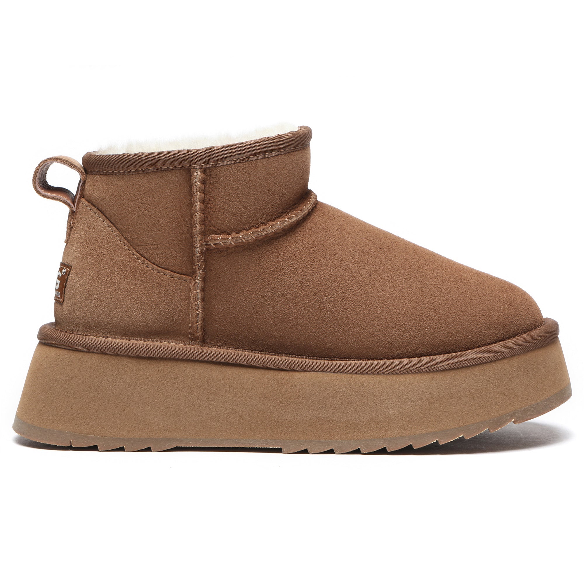 Close-up of EverUgg Premium Ultra Mini Platform UGG Boots showing black suede material and chunky sole detail.