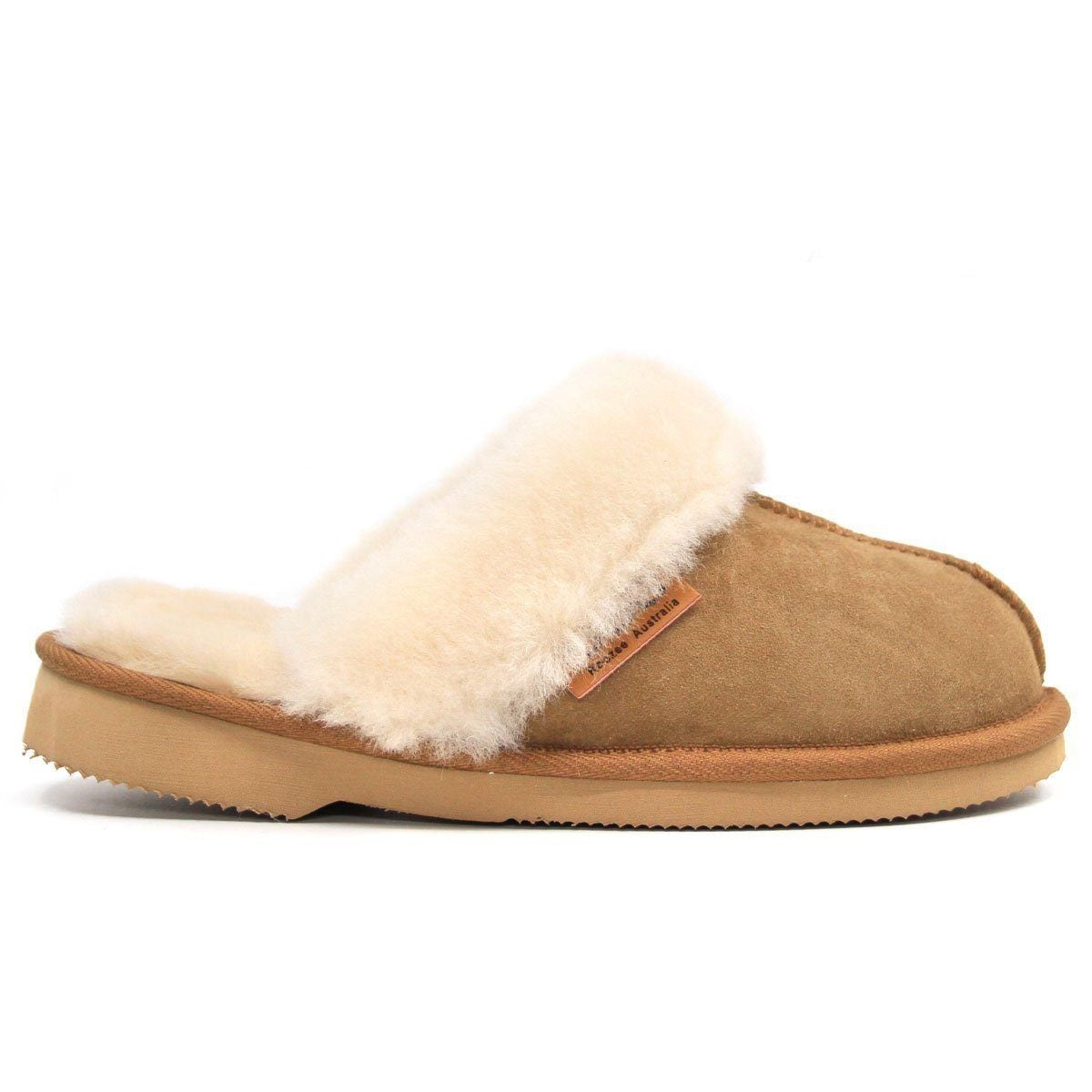 A pair of UGG premium women’s scuff slippers by Auzland in chestnut, featuring soft suede material and cozy interior.