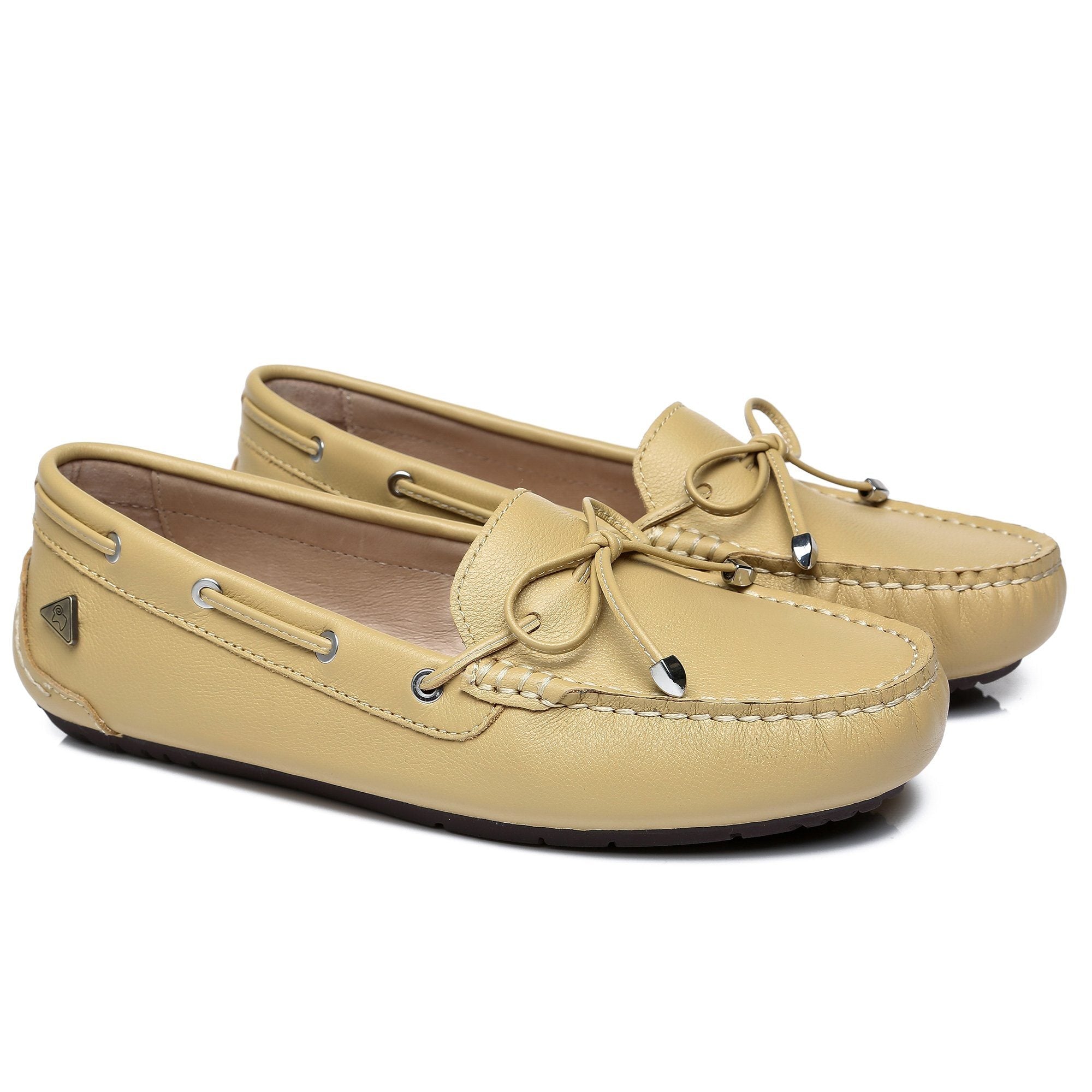 EverUgg Sammy women’s leather moccasin shoes with a soft, tan design, featuring stitching details and a classic slip-on style.