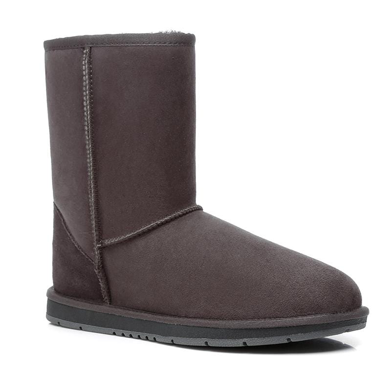 EverUgg short classic UGG boots in chocolate, women’s and men’s styles, showing the cozy, slip-on suede footwear with shearling lining.