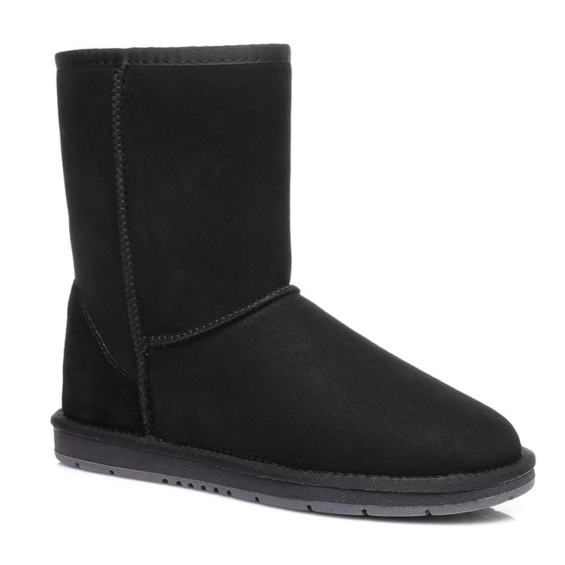Black EverUgg short classic UGG boots for women and men, showcasing cozy, slip-on footwear with a plush interior and durable sole.