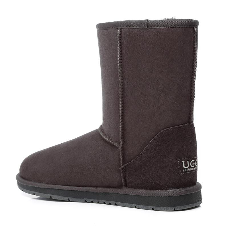 Pair of EverUgg short classic UGG boots for women, showcasing their cozy suede exterior and plush sheepskin lining.