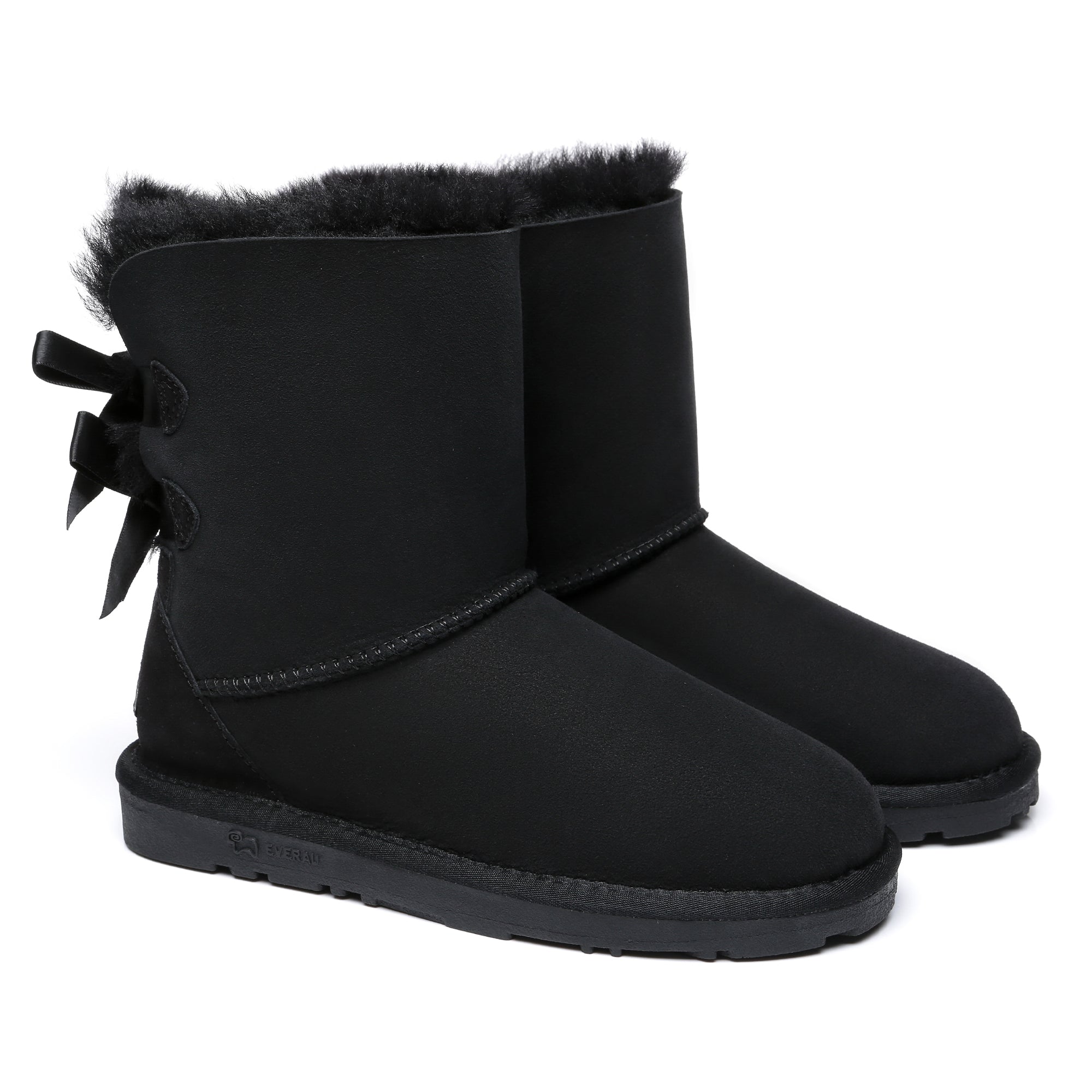 Black EverUgg short double bow women's UGG boots with decorative bows and cozy fur lining, stylish and warm footwear.
