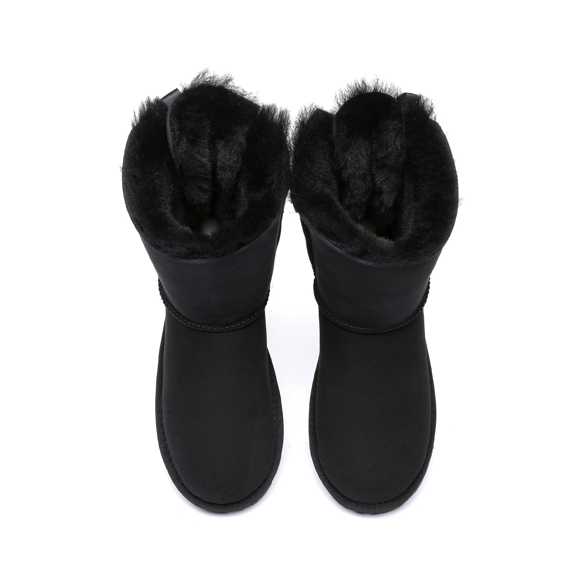 Black EverUgg women's short UGG boots with double bow accents, stylish and cozy footwear for women.