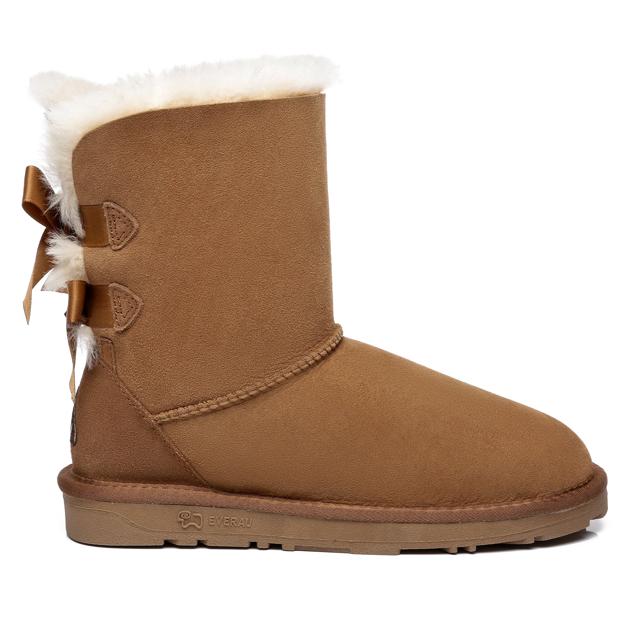 Chestnut UGG boots for women featuring double bows, stylish short design, made by EverUgg, perfect for fashionable winter wear.