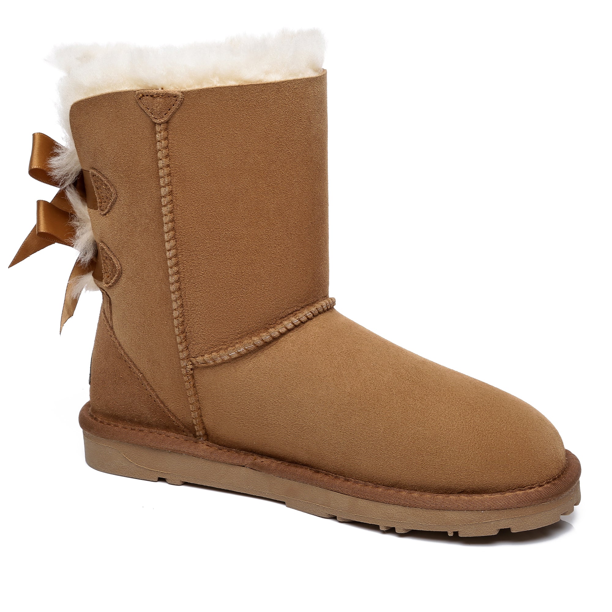 EverUgg chestnut short double bow women’s UGG boots featuring a stylish design and cozy fur lining.