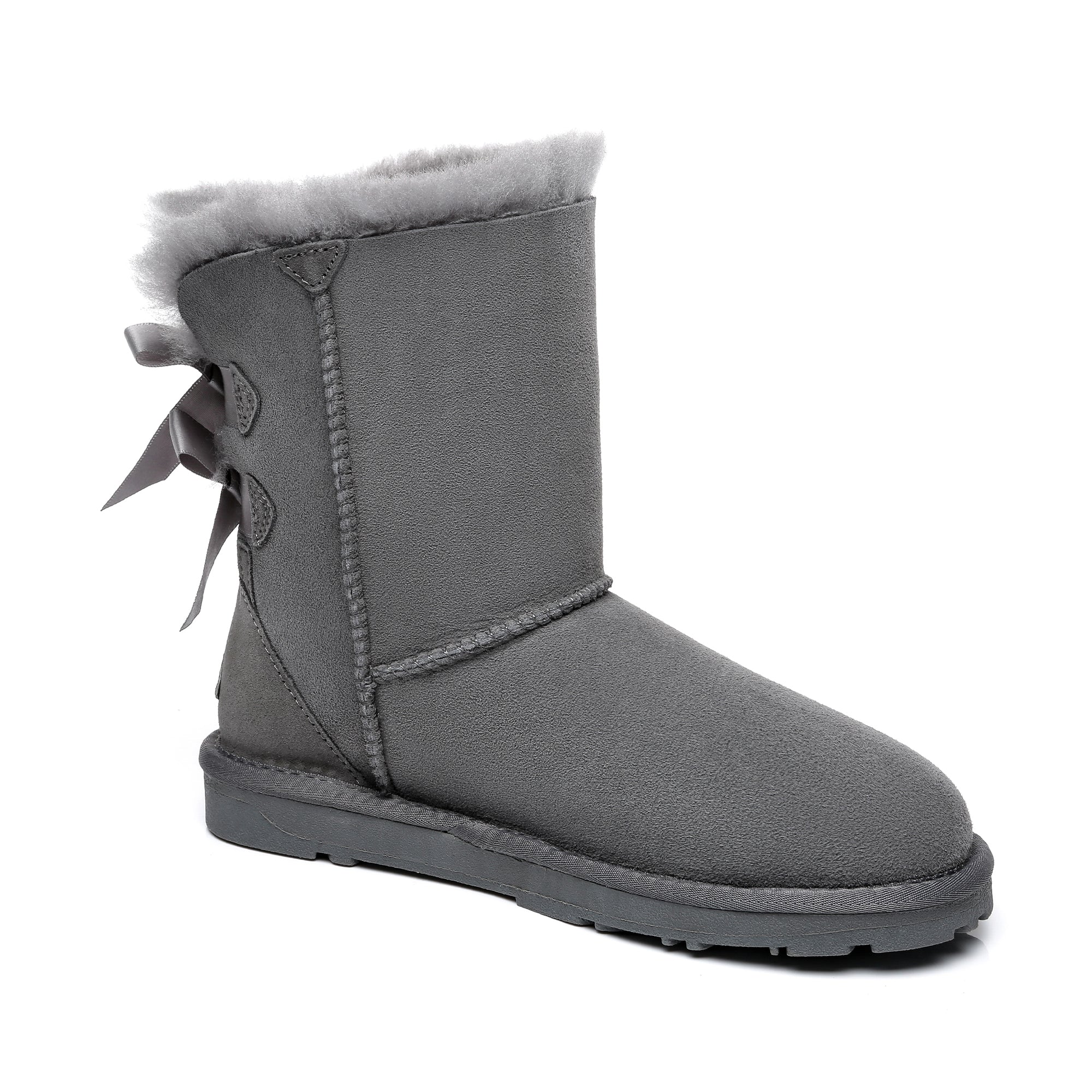 Grey EverUgg Short Double Bow Women’s UGG Boots with stylish double bow detail and cozy sheepskin lining.