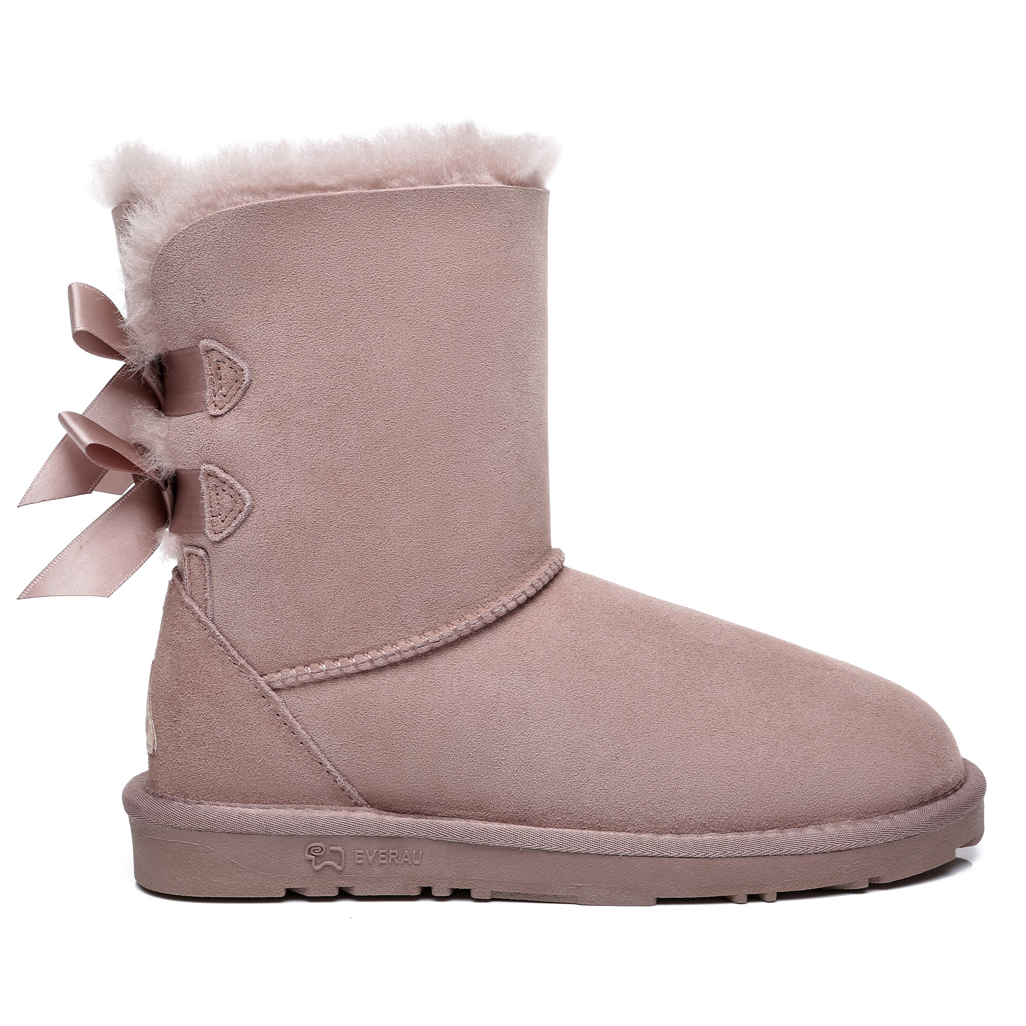 Pink EverUgg Short Double Bow Women’s UGG Boots featuring stylish bows and cozy sheepskin lining.