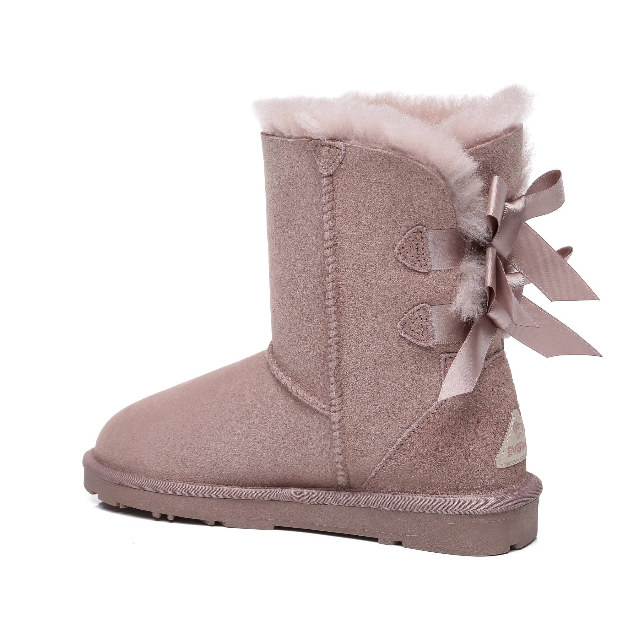 Pink EverUgg Short Double Bow Women's UGG Boots with stylish double bow detail and cozy sheepskin lining.