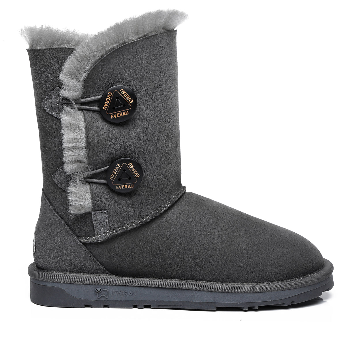 Gray EverUgg short twin button women's UGG boots with classic design and button accents, perfect for casual winter wear.