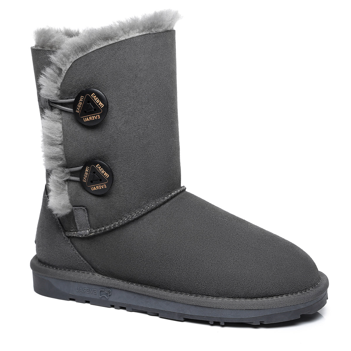 Gray EverUgg Short Twin Button Women's UGG Boots with classic design, showcasing the cozy sheepskin interior and button accents.