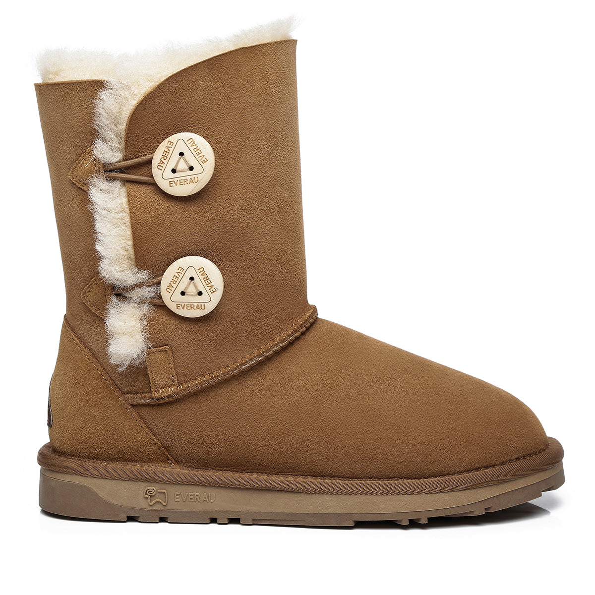 EverUgg short twin-button women's UGG boots with classic design and plush inner lining, shown in chestnut color.