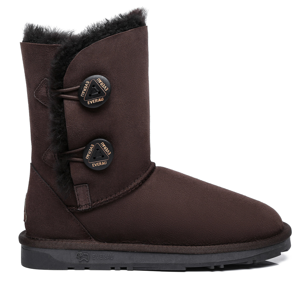 Chocolate short twin-button UGG boots for women by EverUgg, featuring classic design and cozy shearling lining.