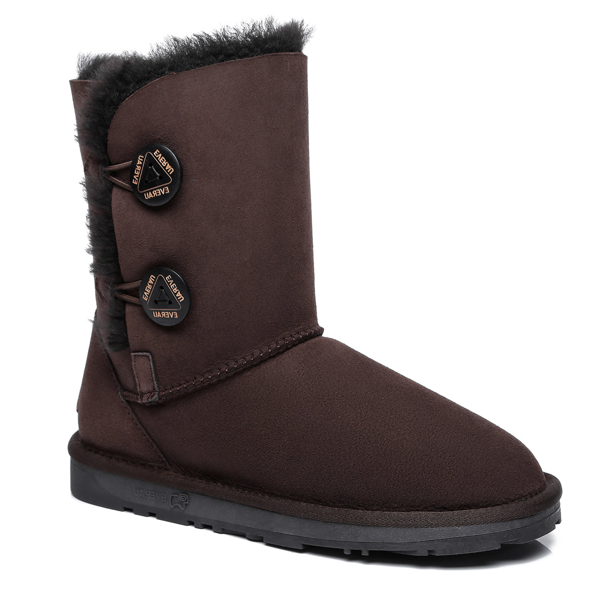 Chocolate short twin-button UGG boots for women by EverUgg, featuring classic design and cozy sheepskin lining.