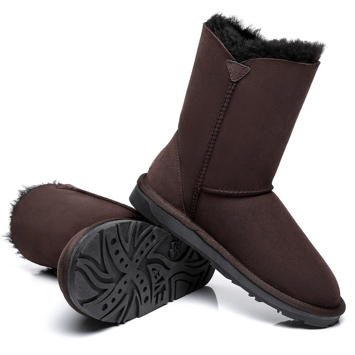 Chocolate short twin-button UGG boots for women by EverUgg, showcasing classic cozy design and button details.