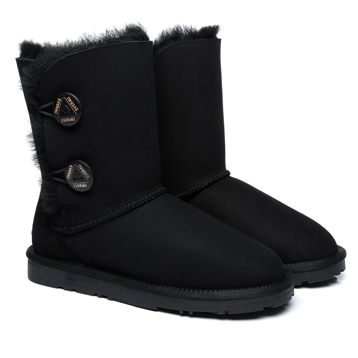Black EverUgg short twin-button women's UGG boots with classic design and cozy shearling lining.