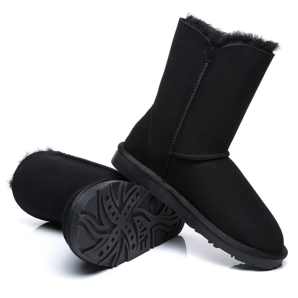 Black EverUgg short twin button women's UGG boots with classic design and button accents, shown from the side view.