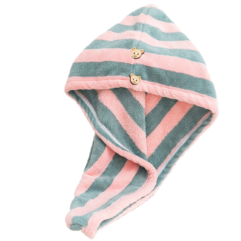 Pink and blue Snuggyz® fast drying hair towel with soft, lightweight fabric, designed for quick hair drying and comfortable use.