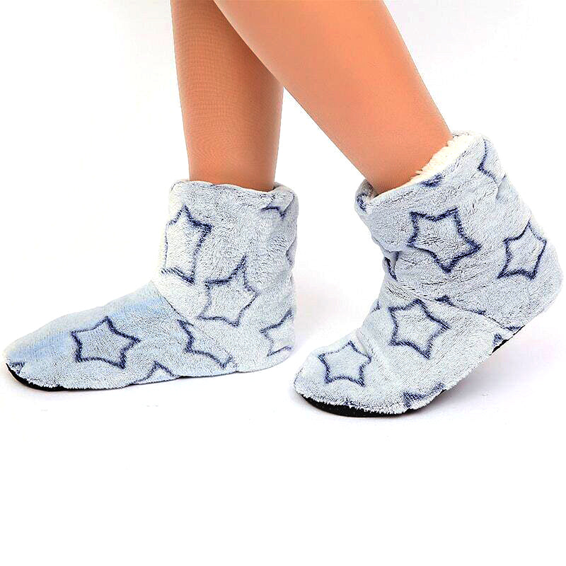 Snuggyz home booties in soft, cozy fabric, featuring a plush interior and slip-resistant soles for comfortable indoor wear.