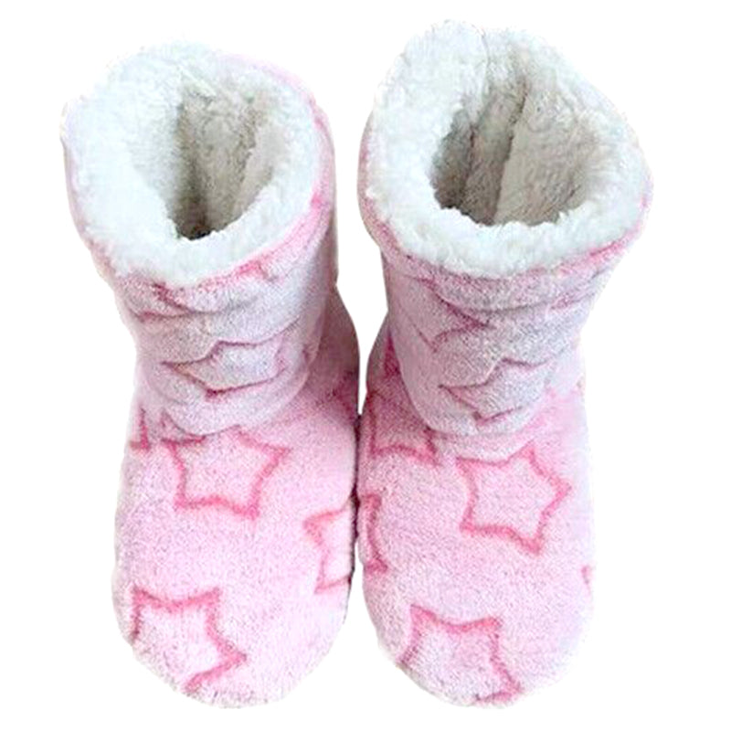 Pink Snuggyz home booties with star design, cozy fleece lining, and soft plush exterior for comfortable indoor wear.