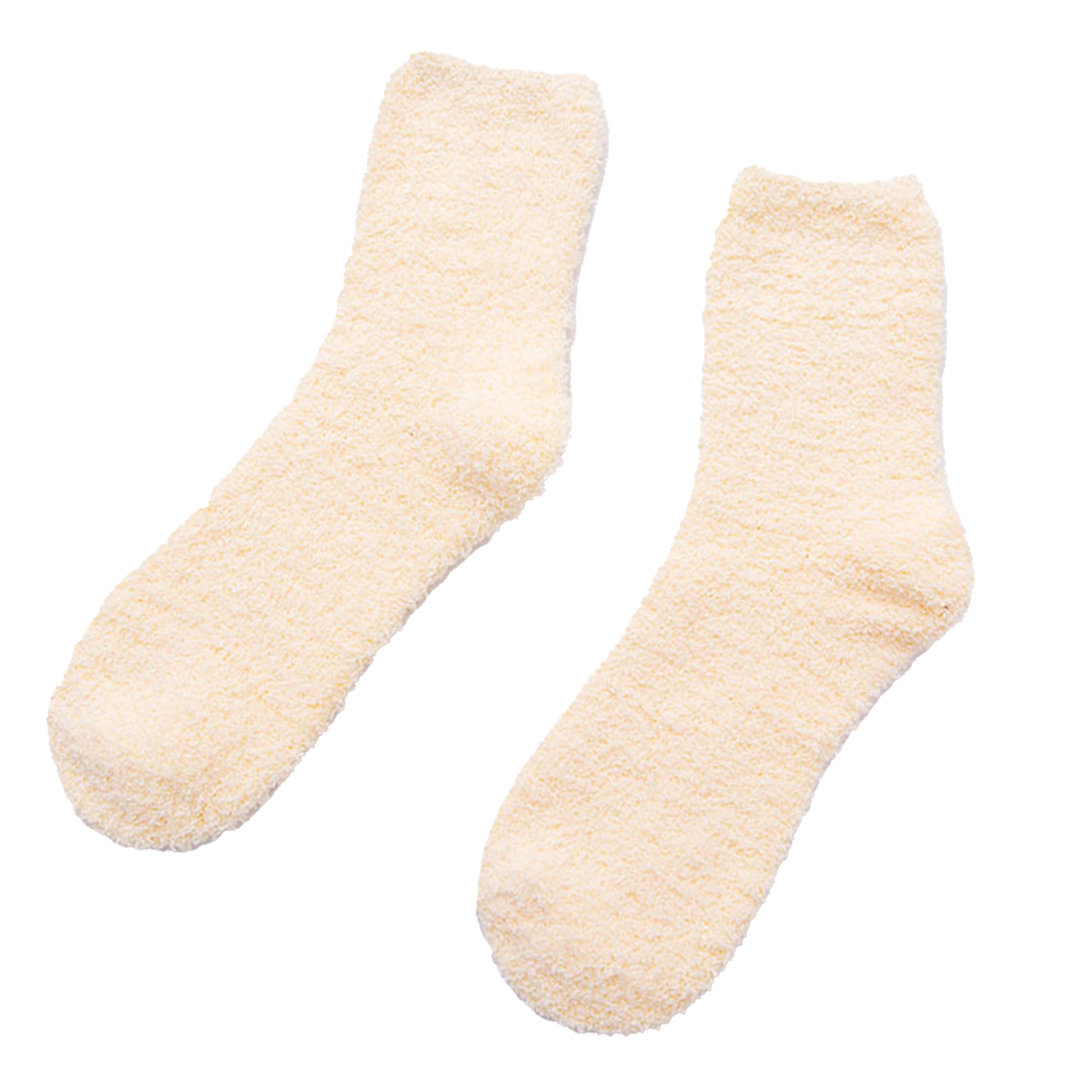 Light yellow Snuggyz® ultra soft socks laid flat, showcasing their cozy, plush fabric and comfortable fit.