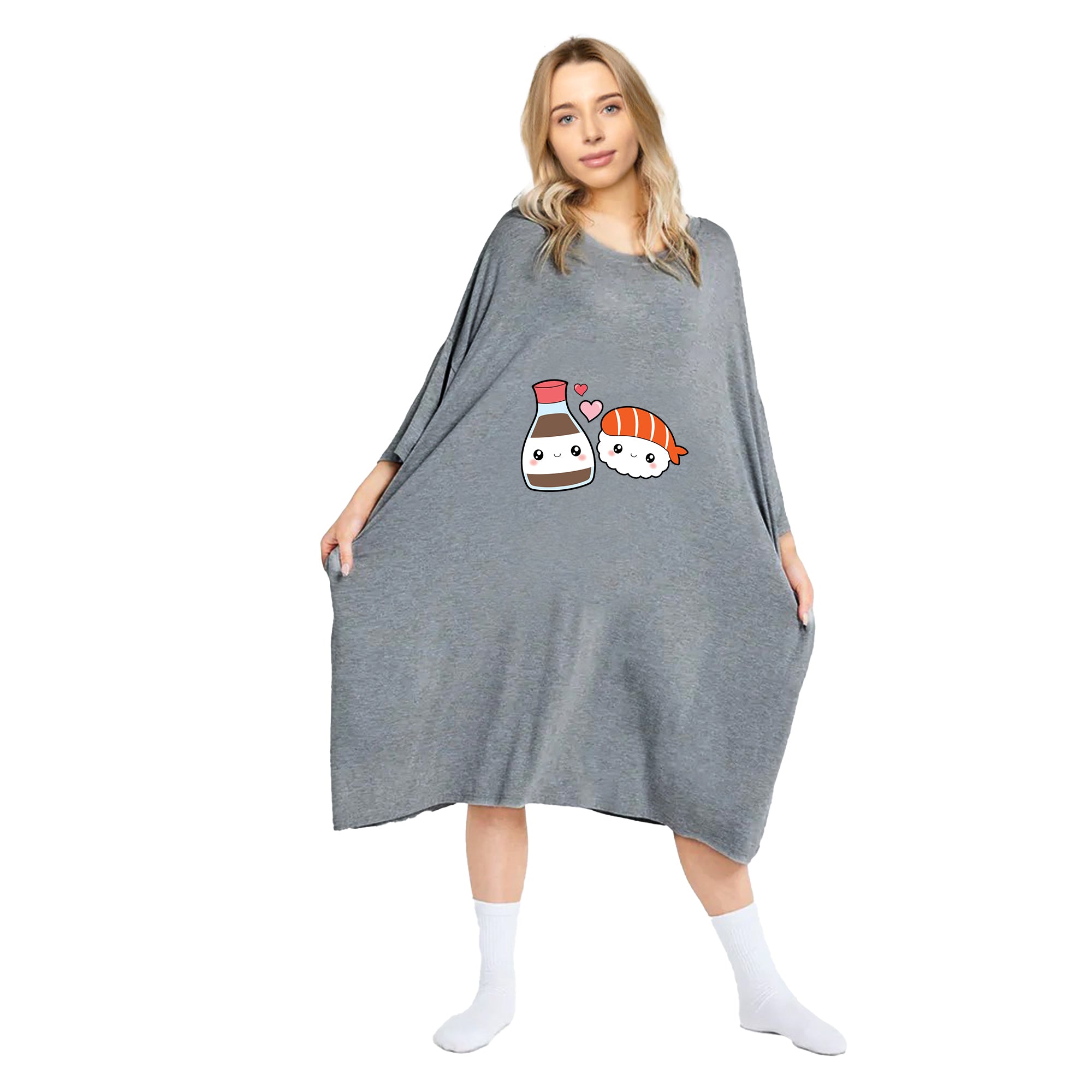 Snuggyz oversized tee with colorful sushi print design, casual shirt featuring vibrant sushi images on soft fabric.
