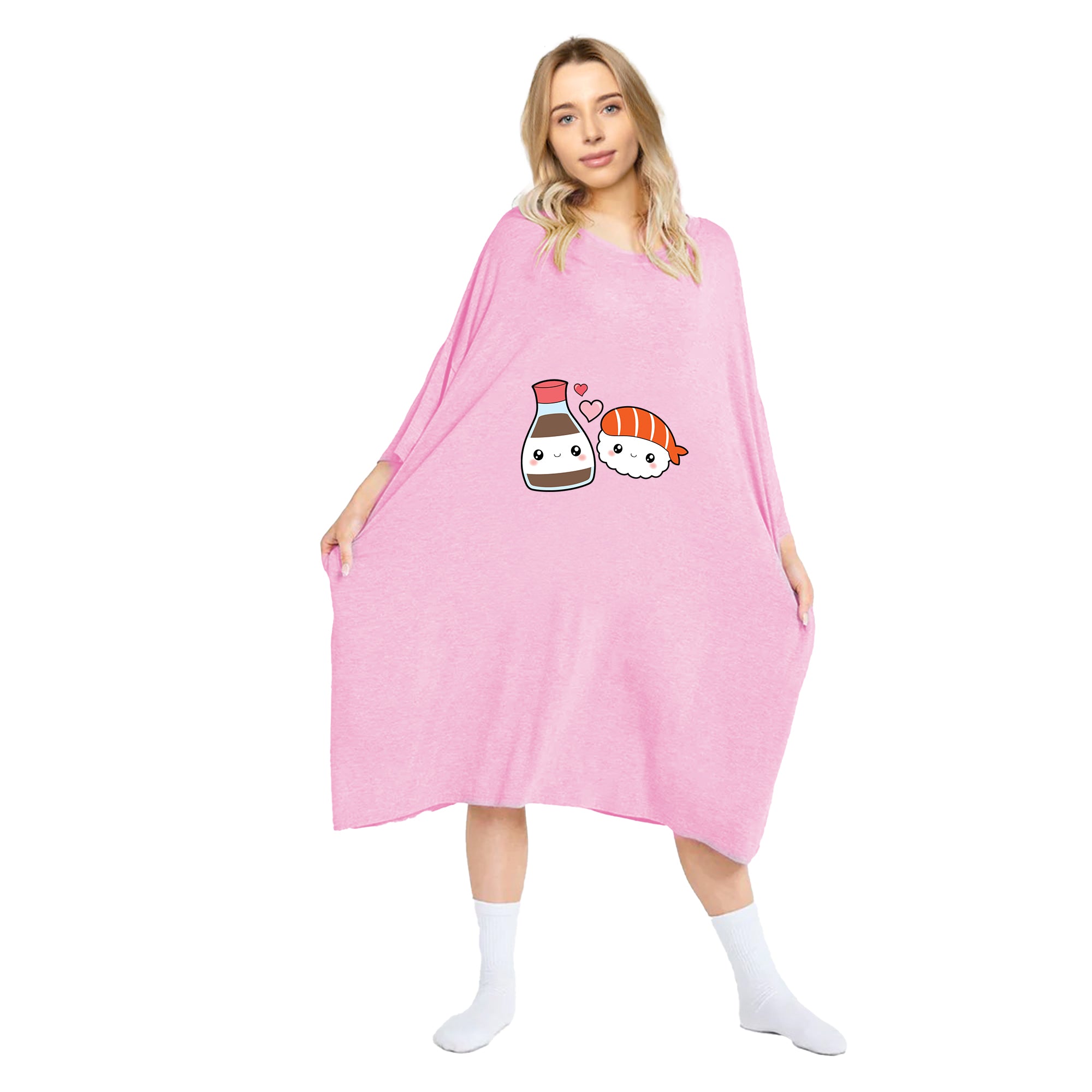Pink oversized tee with sushi print by Snuggyz, featuring a casual fit and playful sushi design on soft fabric.