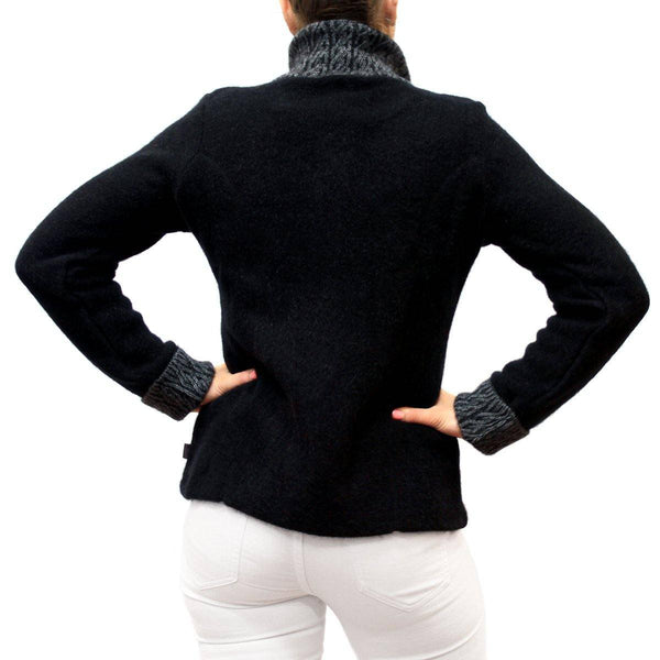 Koru Two-Tone Possum Merino Knitwear jacket in black and grey, featuring a cozy, textured design and classic fit.