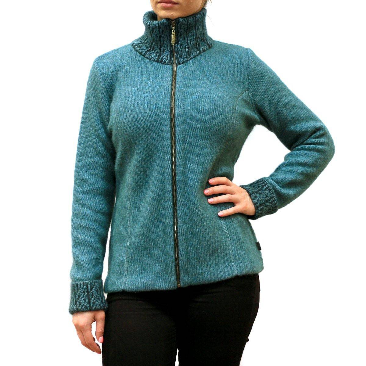 Koru Two-Tone Possum Merino Jacket in Lagoon and Black, knitwear with a stylish two-tone design and cozy texture.