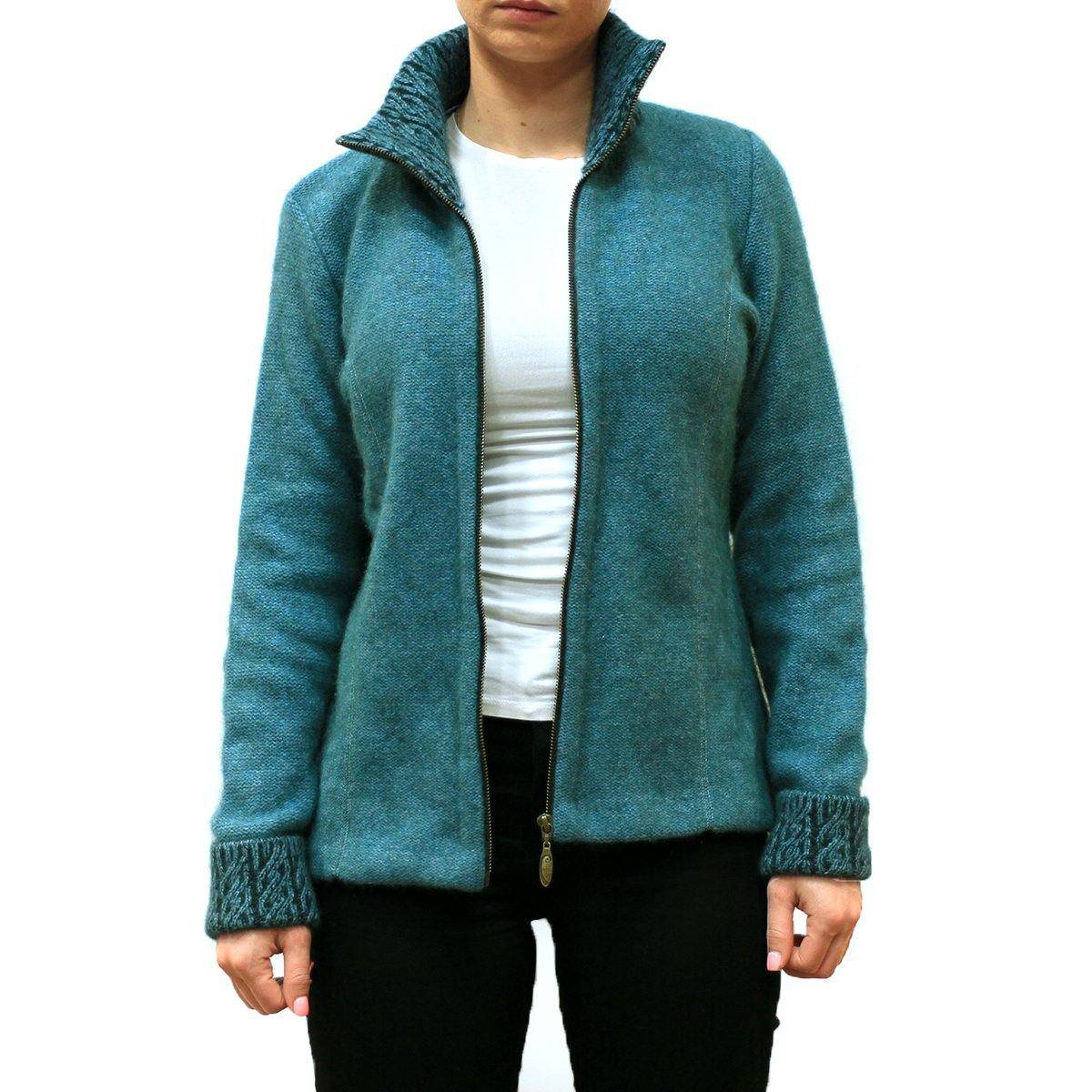 Koru Two-Tone Possum Merino Jacket in Lagoon and Black, knitwear with a stylish two-tone design and cozy texture.