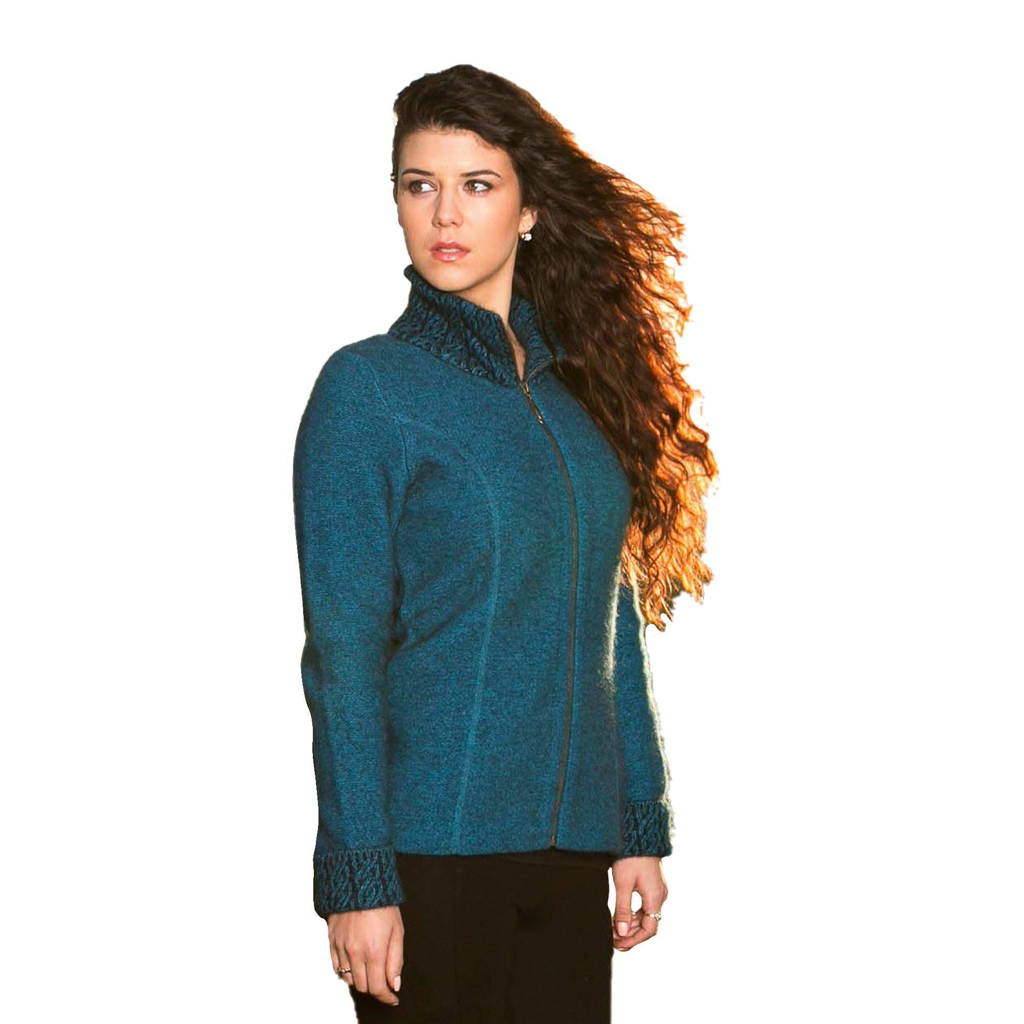 Koru Two-Tone Possum Merino Jacket in Lagoon and Black, featuring a cozy knitwear design with a two-tone color pattern.