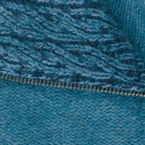 Koru Two-Tone Possum Merino Jacket in Lagoon and Black, knitwear with a stylish two-tone design and cozy fabric.