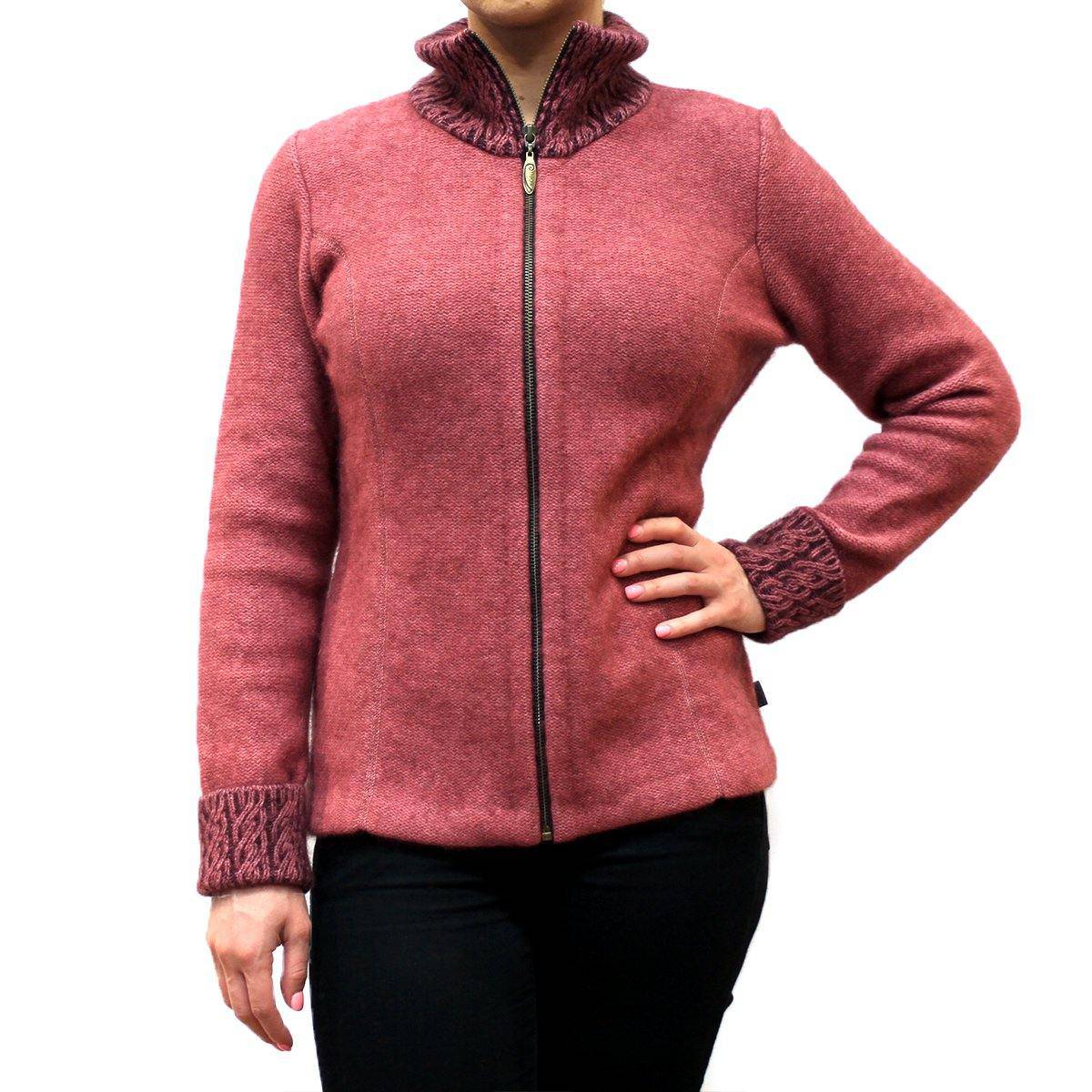 Koru Two-Tone Possum Merino Knitwear jacket in rose and grape, showcasing a cozy, stylish two-tone design.