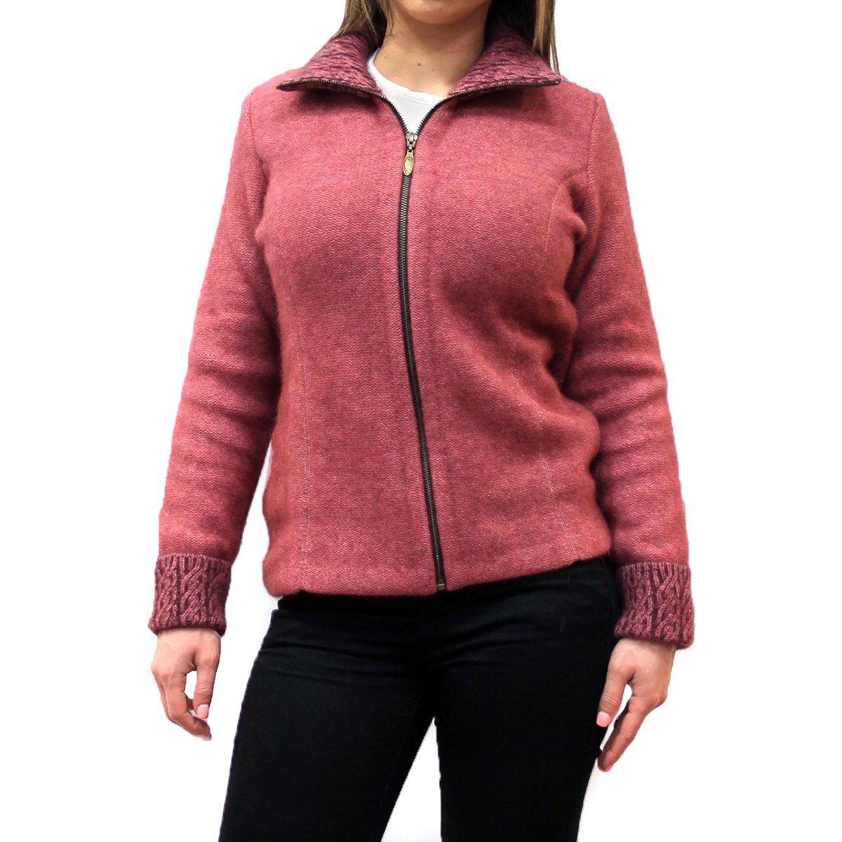 Koru Two-Tone Possum Merino Knitwear Jacket in rose and grape with a cozy, stylish design and two-tone color pattern.