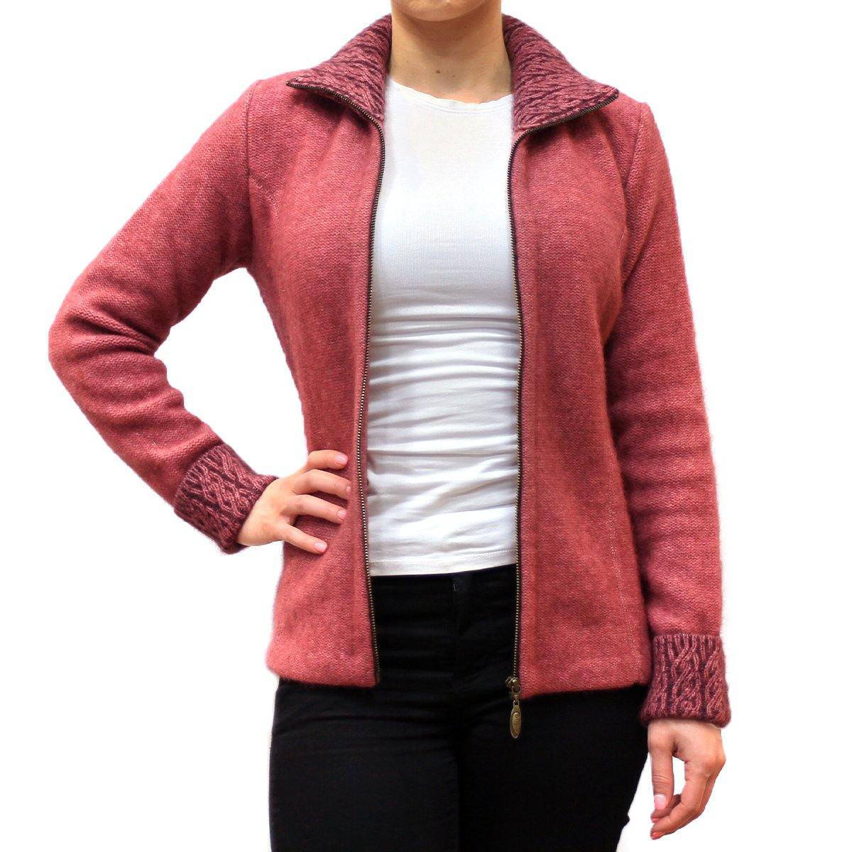 Koru Two-Tone Possum Merino Knitwear jacket in rose and grape with a cozy, stylish design and soft, textured fabric.