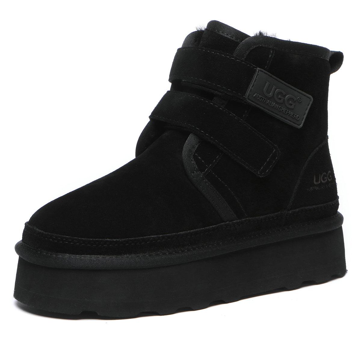 Black EverUgg Dylan Platform Boots with chunky soles and ankle height, showcasing stylish design and premium leather material.